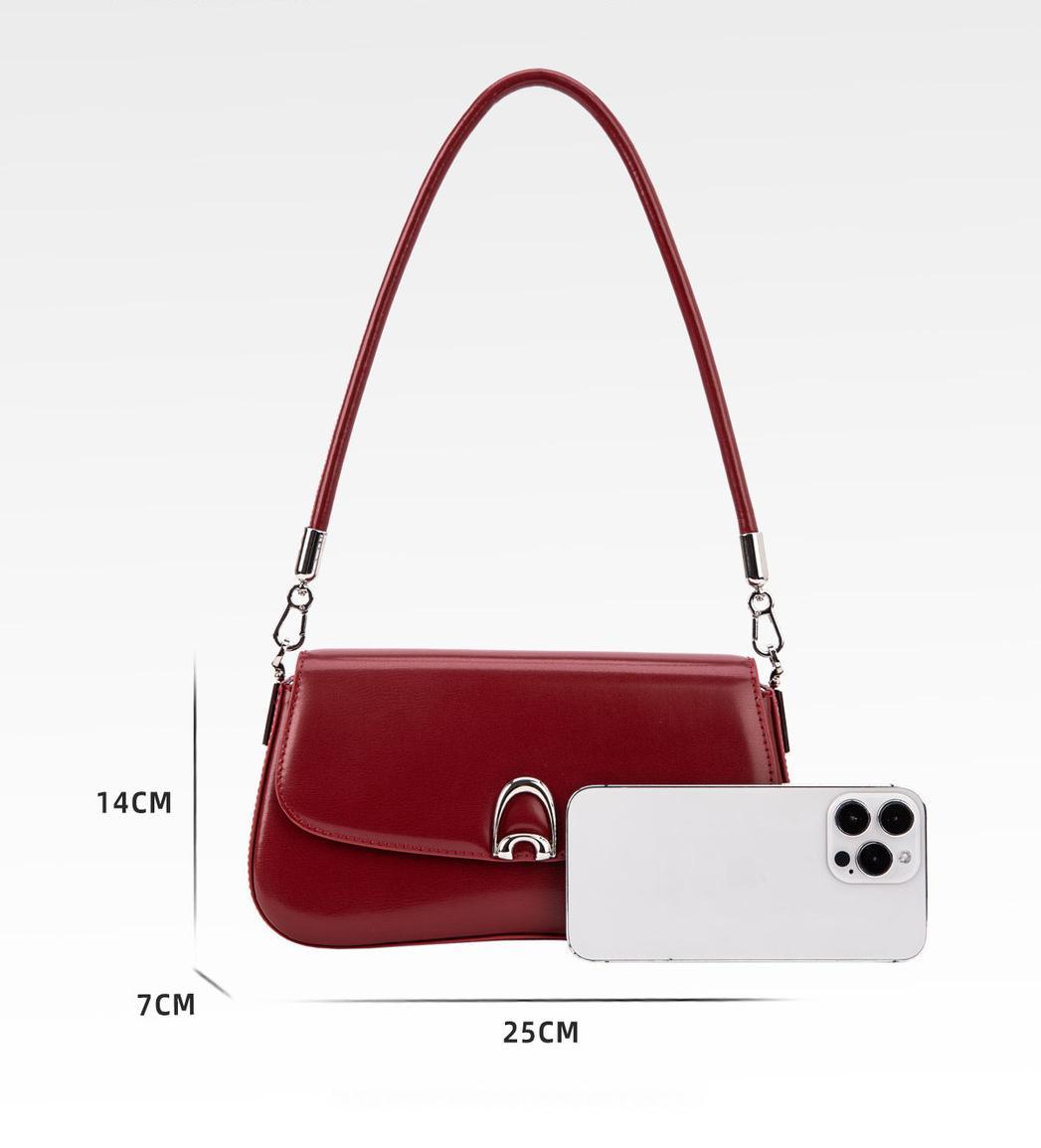 Red underarm bag for women, high-end niche genuine cowhide shoulder bag, daily use, bridal wedding bag