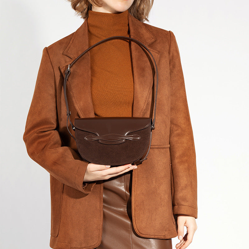 New brown niche design ladies retro contrasting genuine cowhide saddle bag