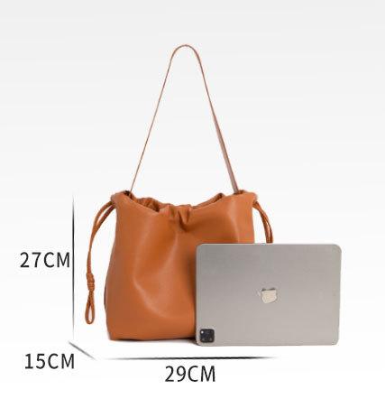 Brown bucket bag, high-end niche, large capacity, one-shoulder, crossbody, lazy, genuine cowhide, ladies' commuter bag