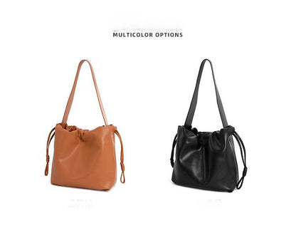 Brown bucket bag, high-end niche, large capacity, one-shoulder, crossbody, lazy, genuine cowhide, ladies' commuter bag