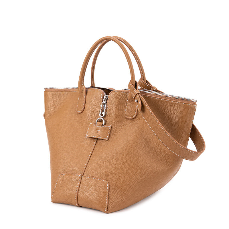 Vegetable basket bag high-end niche top layer vegetable tanned genuine cowhide shoulder crossbody bucket handbag