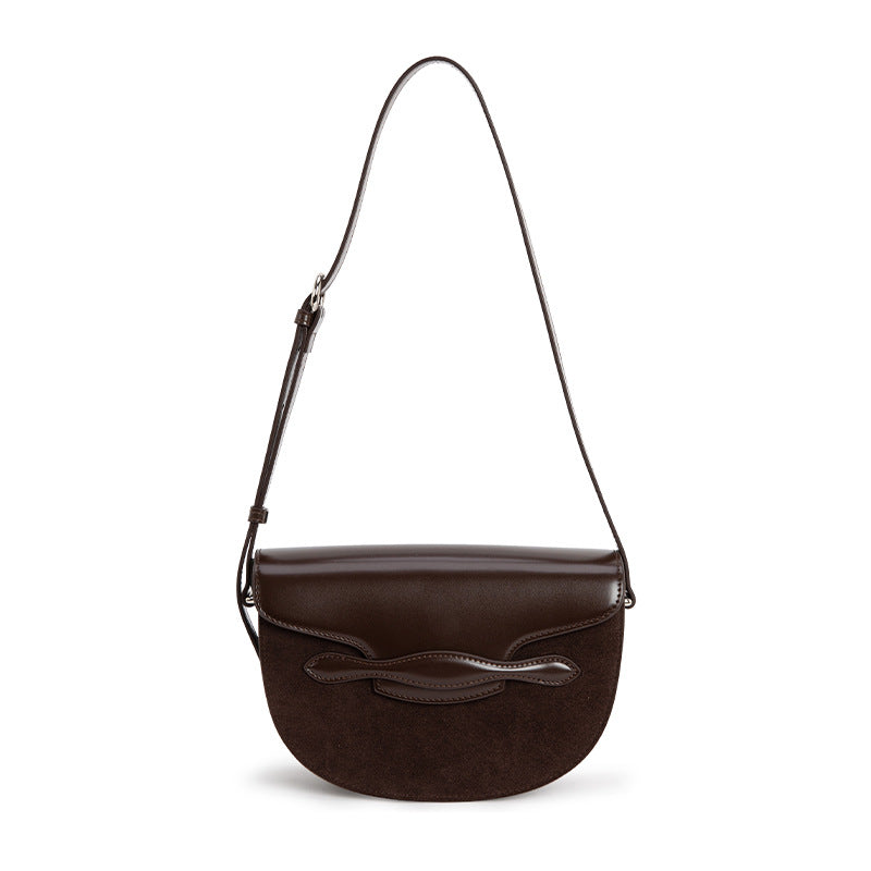 New brown niche design ladies retro contrasting genuine cowhide saddle bag