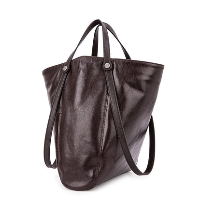 Brown bucket bag for women, high-end large-capacity, autumn and winter first-layer genuine cowhide commuter bag