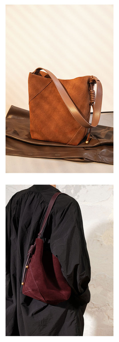 Brown bucket bag 2024 autumn and winter women's crossbody genuine cowhide high-end one-shoulder retro commuter bag