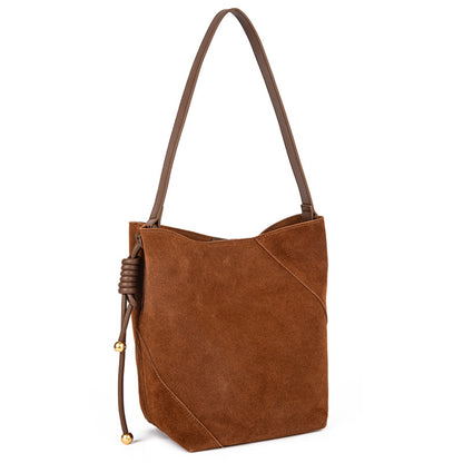 Brown bucket bag 2024 autumn and winter women's crossbody genuine cowhide high-end one-shoulder retro commuter bag