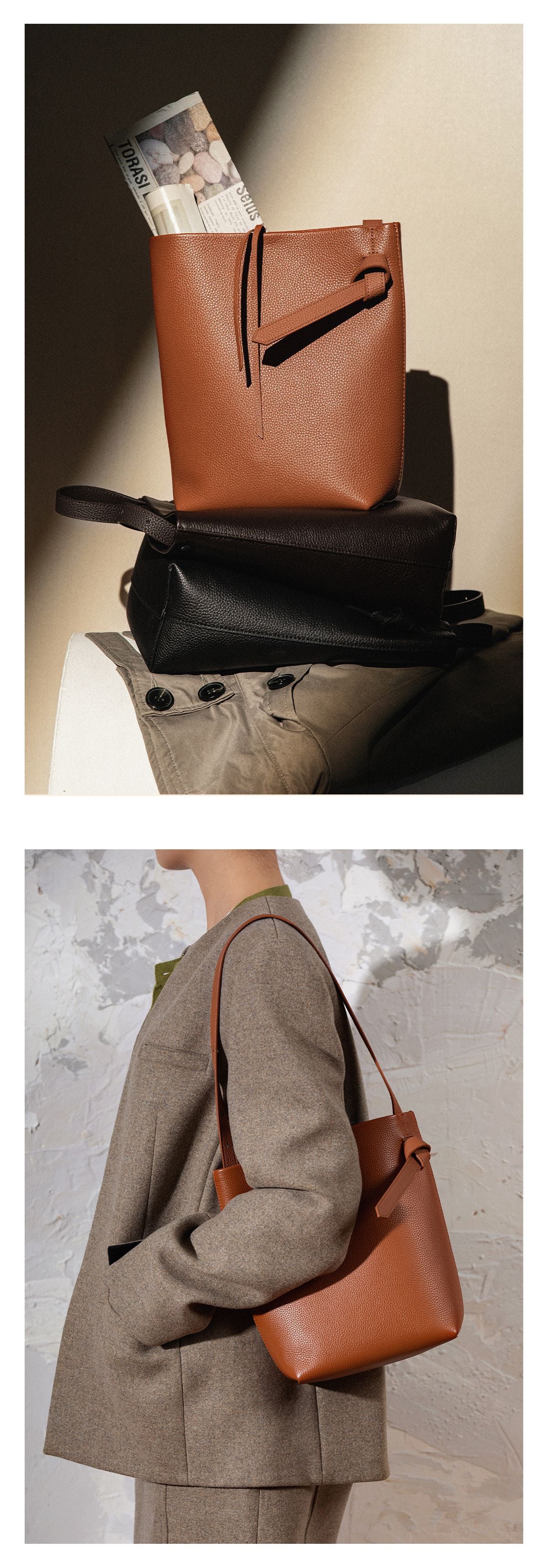 Brown bucket bag for women, high-end large-capacity, autumn and winter first-layer genuine cowhide commuter bag