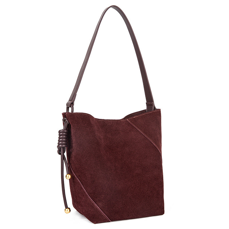 Brown bucket bag 2024 autumn and winter women's crossbody genuine cowhide high-end one-shoulder retro commuter bag