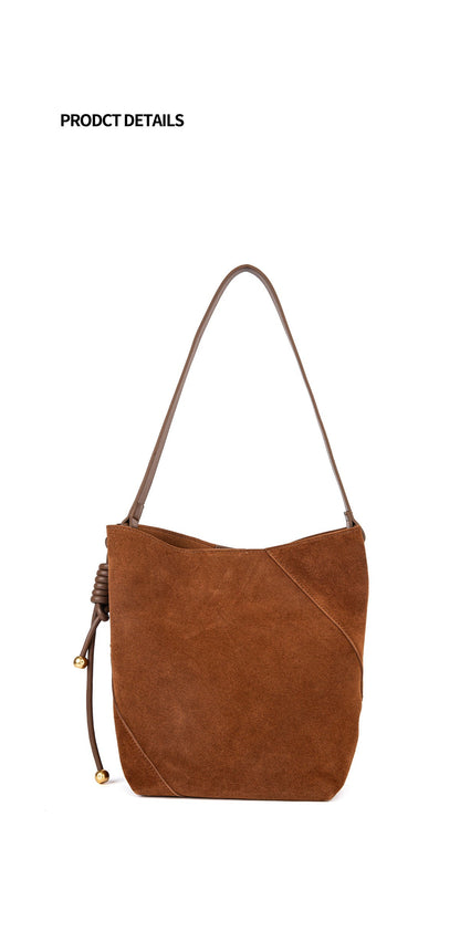 Brown bucket bag 2024 autumn and winter women's crossbody genuine cowhide high-end one-shoulder retro commuter bag