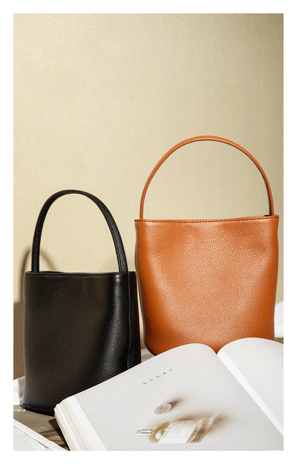 Bucket bag for ladies, summer high-end niche top-layer genuine cowhide commuter handbag small tote bag