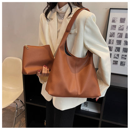 2025 new soft leather underarm shoulder bag mother-and-child bucket ladies' tote bag for work commuting