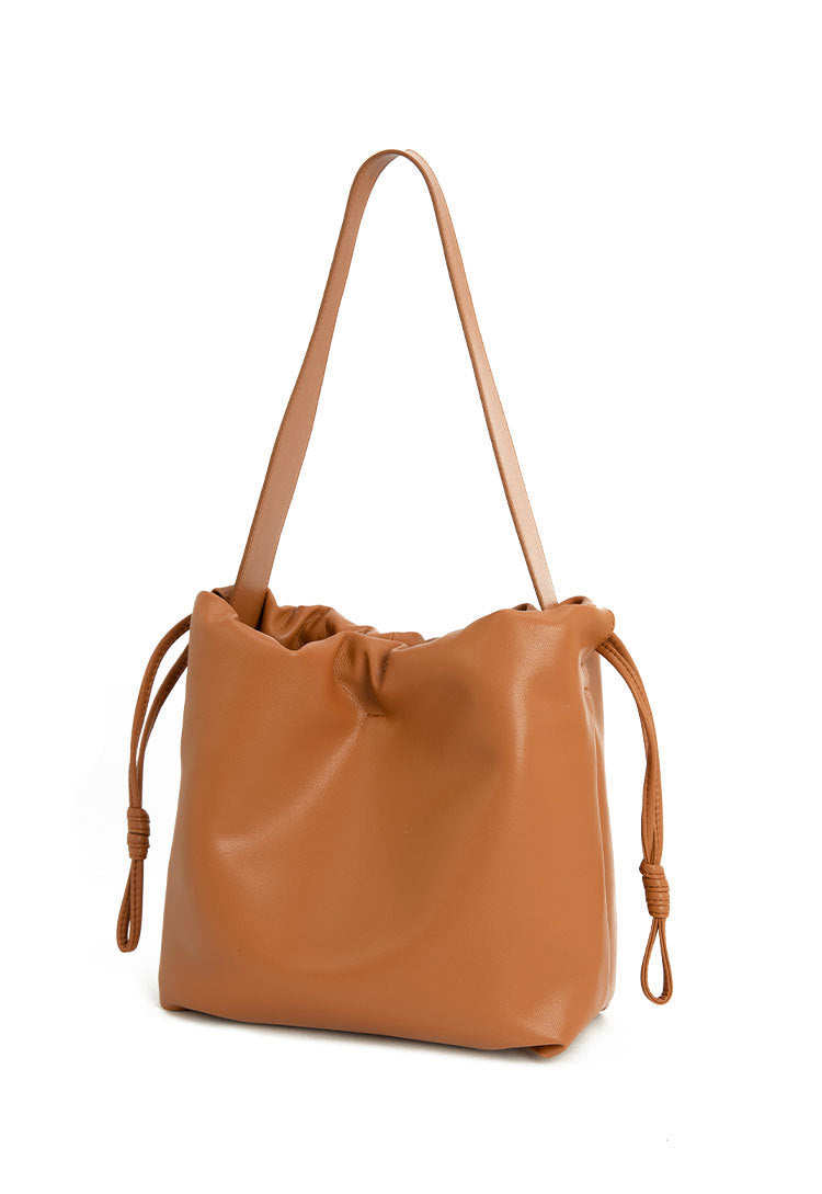 Brown bucket bag, high-end niche, large capacity, one-shoulder, crossbody, lazy, genuine cowhide, ladies' commuter bag