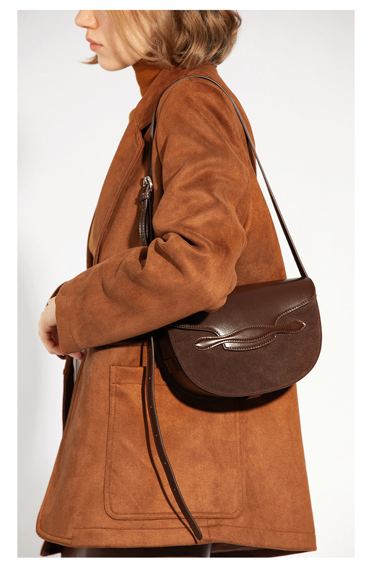 New brown niche design ladies retro contrasting genuine cowhide saddle bag