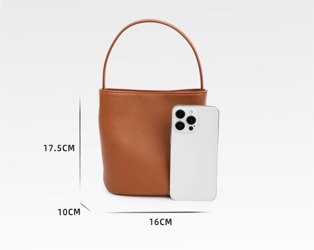 Bucket bag for ladies, summer high-end niche top-layer genuine cowhide commuter handbag small tote bag