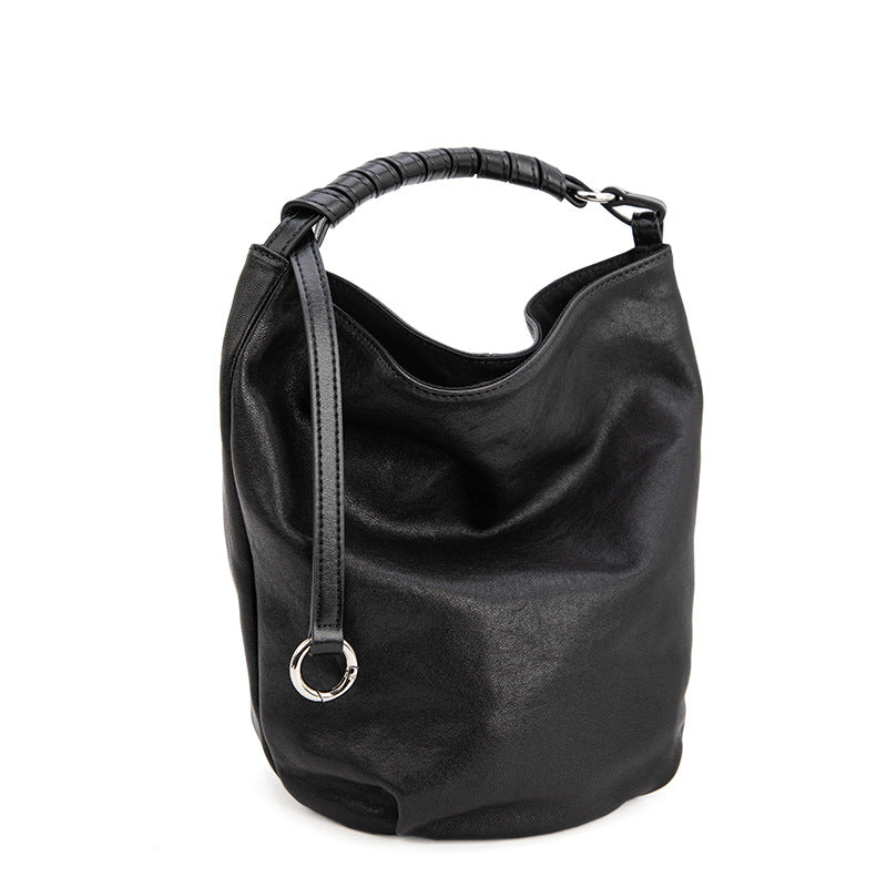 Black bucket bag for women 2024 new high-end niche design sheepskin handbag for women